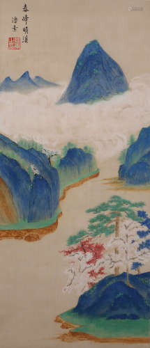 A Fine Chinese Hand-drawn Painting of Spring mountain and Clear Streams Signed By Pan Su
