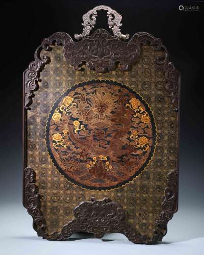 An Extremely Rare Chinese Gilt Painted Zitan Wood Dragon Hanging Panel