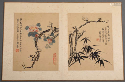 Two Chinese Hand-drawn Painting of Blossom and Bamboo Signed By Xie Zhi Liu