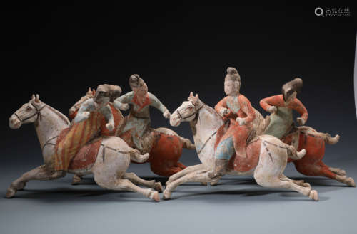 Four Rare Chinese Painted  Pottery Polo Players