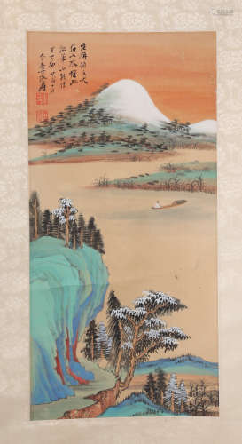 A Fine Chinese Hand-drawn Painting of Landscape Signed by Zhangdaqian