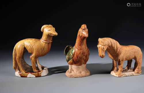 Three Fine Chinese Yellow Ground Sancai Pottery Animals