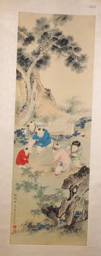 A Fine Chinese Hand-drawn Painting of Playing Children Signed by Chendazhang