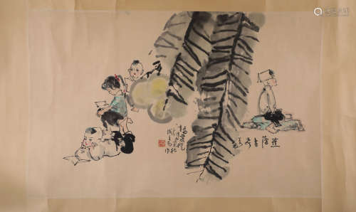 A Fine Chinese Hand-drawn Painting Scroll of Children Reading Books Signed by Zhousicong