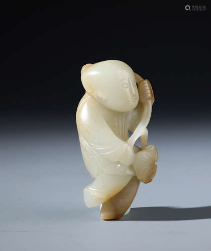 A Fine Chinese White Jade Carving of A Boy Holding the Stem