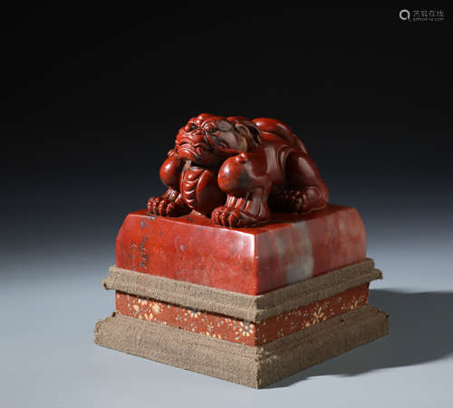 A Rare Chinese Carved Red Soapstone Beast Seal