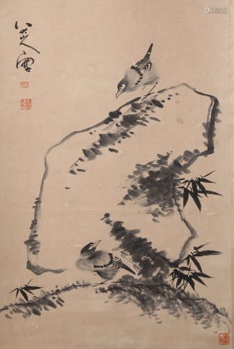 A Fine Chinese Hand-drawn Painting of Birds on the Rock Signed by Badashanren