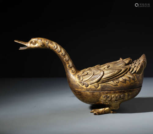 A Rare Chinese Gilt Bronze Duck-shaped Incenser Burner