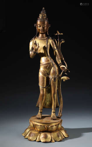 A Finely Cast Chinese Gilt Bronze Figure of A Standing Padmapani