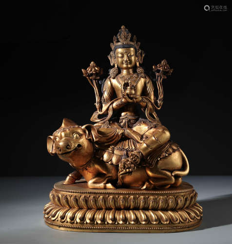 A Very Rare Chinese Carved Gilt Bronze  Deity on A Boar