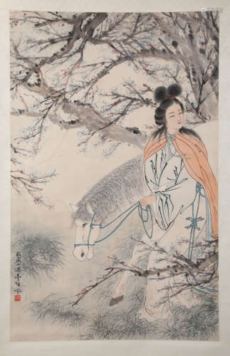 A Fine Chinese Hand-drawn Painting of A Lady with Horse Signed by Dengfen