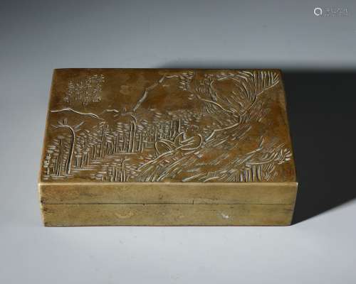 A Finely Carved Chinese Bronze Box of Landscape