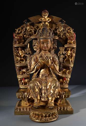 A Large Chinese Carved Gilt Bronze Figure of Manjuist