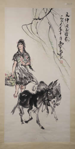 A Fine Chinese Hand-drawn Painting of A Girl and Donkeys Signed by Huangzhou