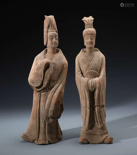 Two Rare Chinese Moldeled  Grey Pottery Standing Officials