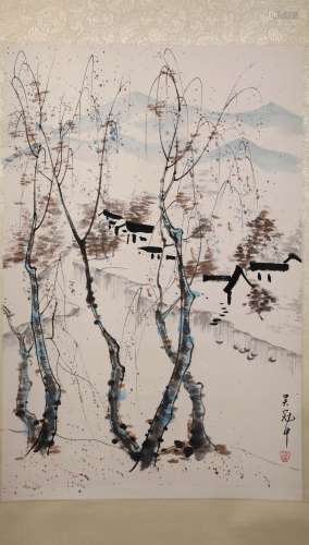 A Fine Chinese Hand-drawn Painting of Deep Autum of  Southern Town Signed By  Wu Guanzhong