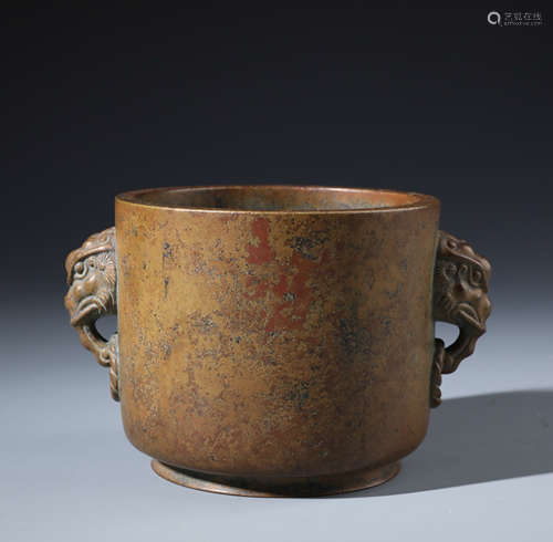 A Fine Chinese Bronze Cylindrical Censer with Twin Elephant Handles