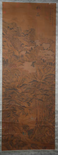 A Fine Chinese Hand-drawn Painting of Landscape Signed by Wangmeng