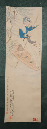 A Chinese Hand-drawn Painting of A Lady Boating on The River Signed by Huyefo