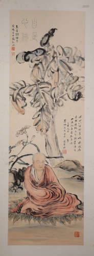 A Fine Chinese Hand-drawn Painting of Luohan Signed By Su Manshu