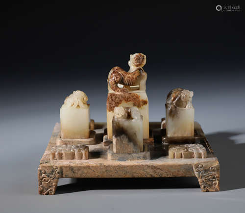 Group Chines Jade Seal and Matching Stand (5pcs)