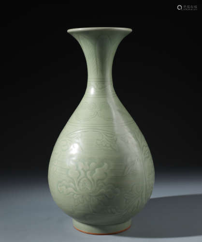 A Chinese Carved Longquan Celadon Glazed Floral Vase ,YU HU CHUN