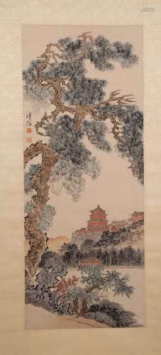 A Fine Chinese Hand-drawn Painting of Landscape Signed By Puru