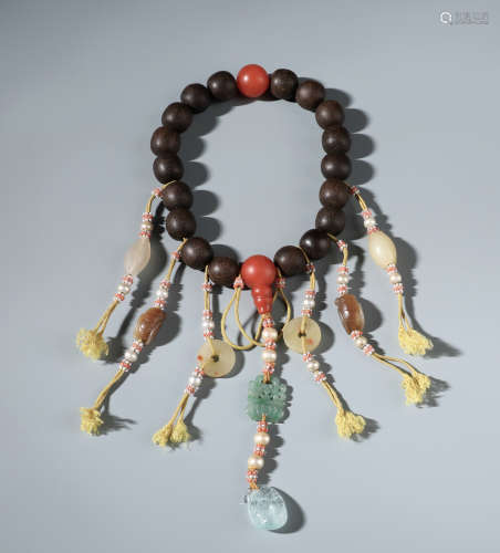 A Rare Chinese Carved Aloeswood Rosary Bracelet  and Prayer Necklace Set with White Jade,Agate,Tourmaline and Jadeite Decoratives