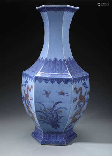 A Very Rare Chinese Undergalzed Red and Blue Hexagonal Facetted Vase