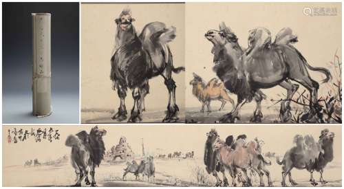 A Fine Chinese Hand-drawn Painting Scroll of Camels Signed  By Huang Zhou