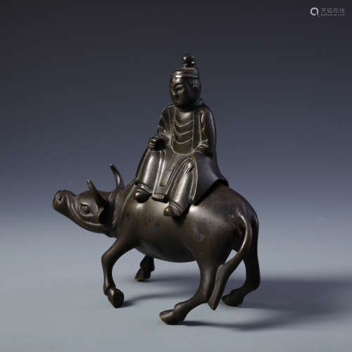 A Chinese Carved Bronze Censer Of A Scholor Riding on The Cow