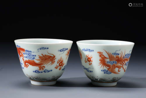 Pr Chinese Underglazed Red and Blue Glazed Cups