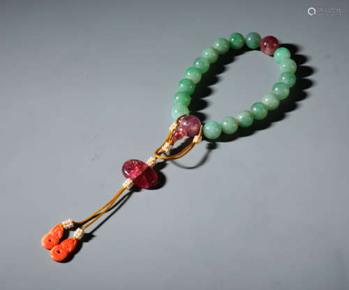 A Chinese Green Jadeite ,Coral and Tourmaline Rosary Bracelet