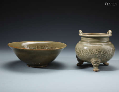 A Fine Chinese Carved Yaozhou Bowl and Censer(2PCS)