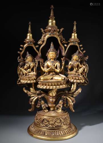 A Very Rare Chinese Gilt Bronze Figure of Sadaksari Lokesvara, Manjusri, Vajrapani and Shrine