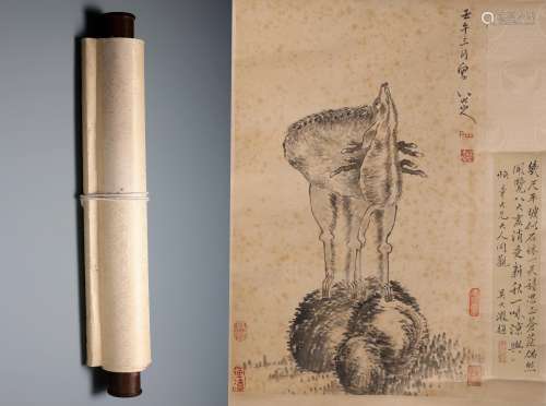 A Fine Chinese Hand-drawn Painting of Deear Signed by Badashanren