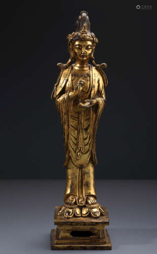 A Chinese Carved Gilt Bronze Figure of Standing  Guanyin