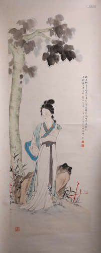 A Fine Chinese Hand-drawn Painting of Lady Signed By Huang Junbi