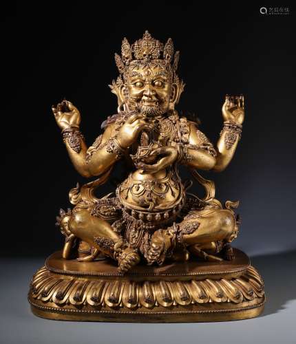 A Finely Cast Chinese Gilt Bronze Figure of Four-armed Mahakala