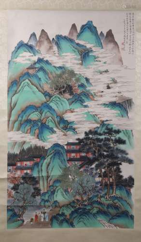 A Fine Chinese Hand-drawn Painting of Mountains and Pavilion Signed by Hetianjian