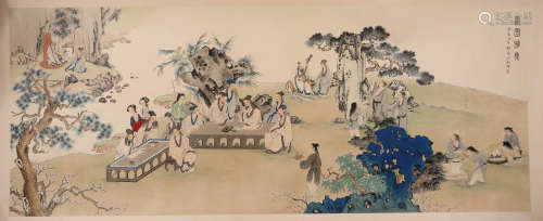 A Fine Chinese Hand-drawn Painting of  Scholors at Leisure In the Garden Signed By Wang Shu Hui