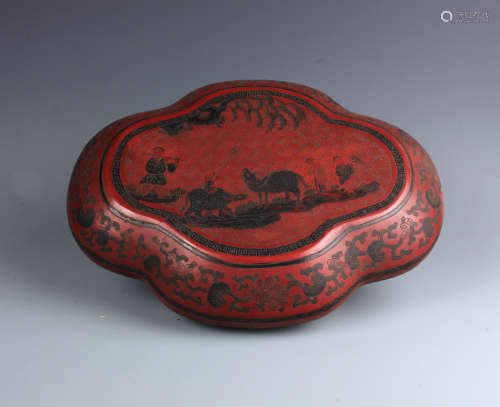 A Chinese Red Lacquer  Box with Gilt Painting of Boys