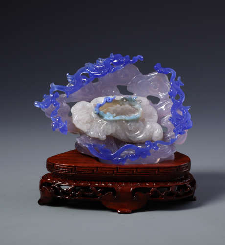 A Rare Chinese Blue and White Agate Carving with Rosewood Stand