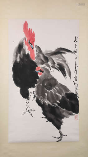 A Fine Chinese Hand-drawn Painting of A rooster and A Hen Signed by Wangzhiwu