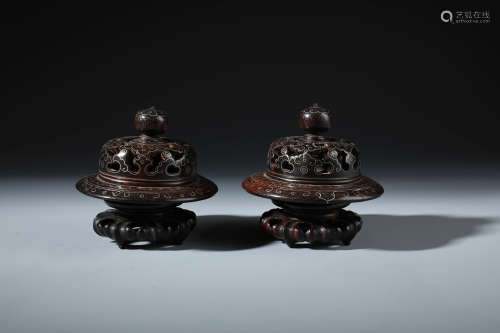 Two Pairs Chinese Silver Inlaid Rosewood Cover and Stand（4PCS)