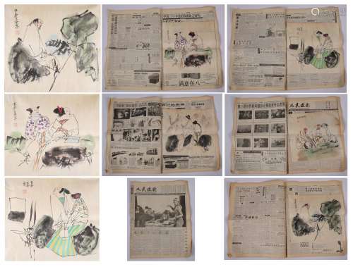 Five Chinese Hand-drawn Paintings of Figures Signed By Wang Xi Jing