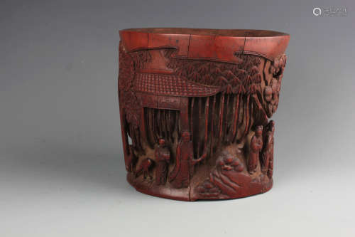 A Chinese Carved Bamboo 'FIGURE' Bursh Pot