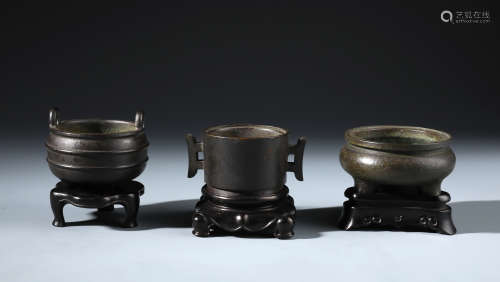Three Chinese Bronze Censer Set and Stands