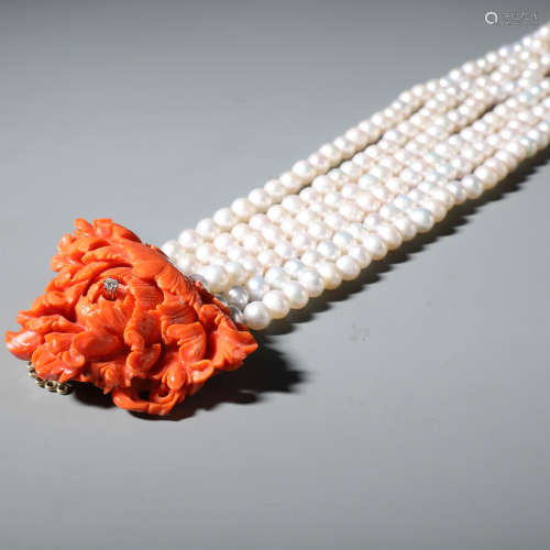 Superb 14k  Red Coral and Diamond Triple Strands Necklace