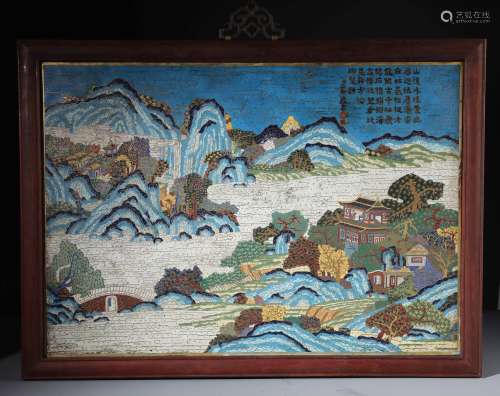 A Framed Chinese Cloisonne Enamel Panel  With Poetic Inscriptions